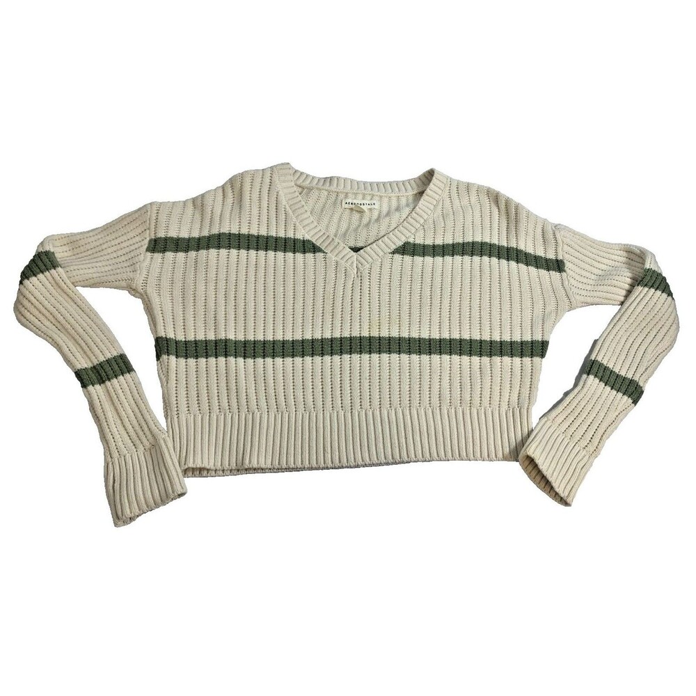 Cropped Sweater Striped Long Sleeve V Neck Knit Pullover Aeropostale Women's XS